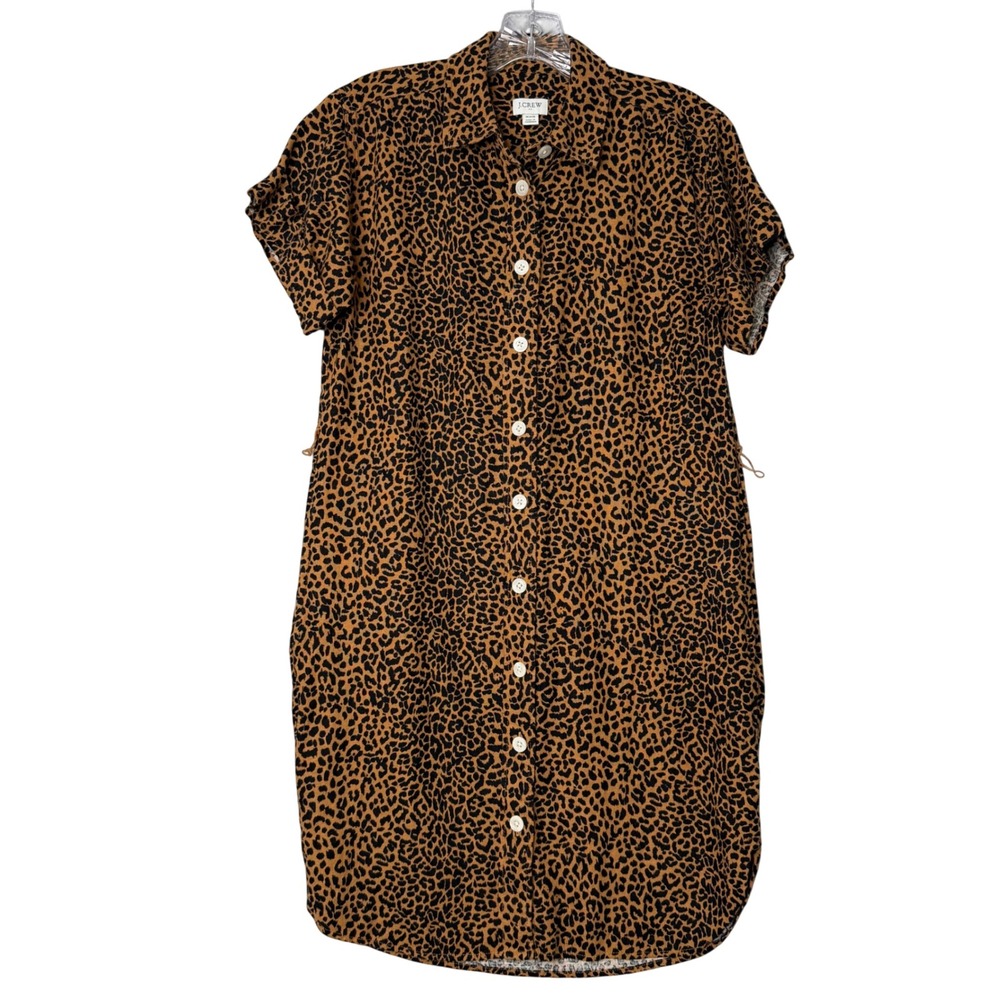 J. Crew Factory Linen Blend Mini Shirt Dress Women XXS Brandy Black Animal Print